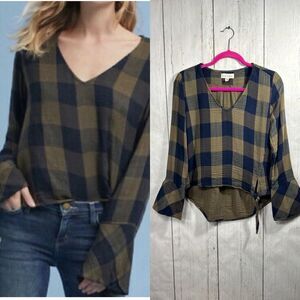 Cloth & Stone Plaid V Neck Cropped Blouse Tie Hem Top XS Boho Minimalist Neutral